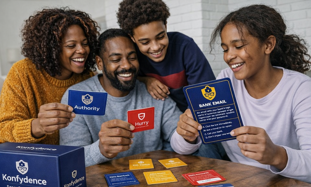 Happy family playing cards, laughing, discussing